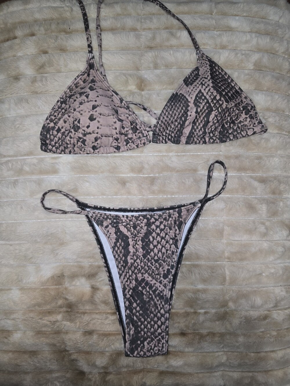 Snake Print Triangle Bikini Set - Neutral Taupe & Black